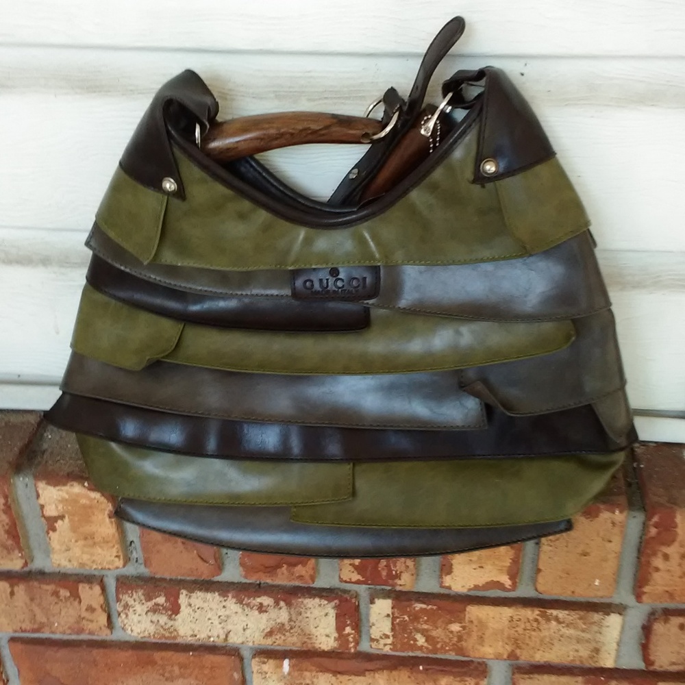 Gucci wood handle green and black satchel purse